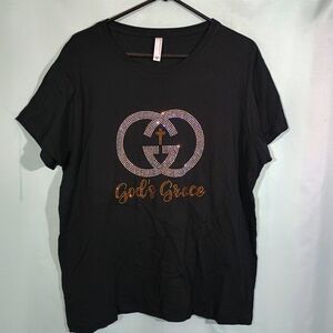 Black Graphic Rhinestone Tee Gold's Grace Short Sleeve T Shirt Top